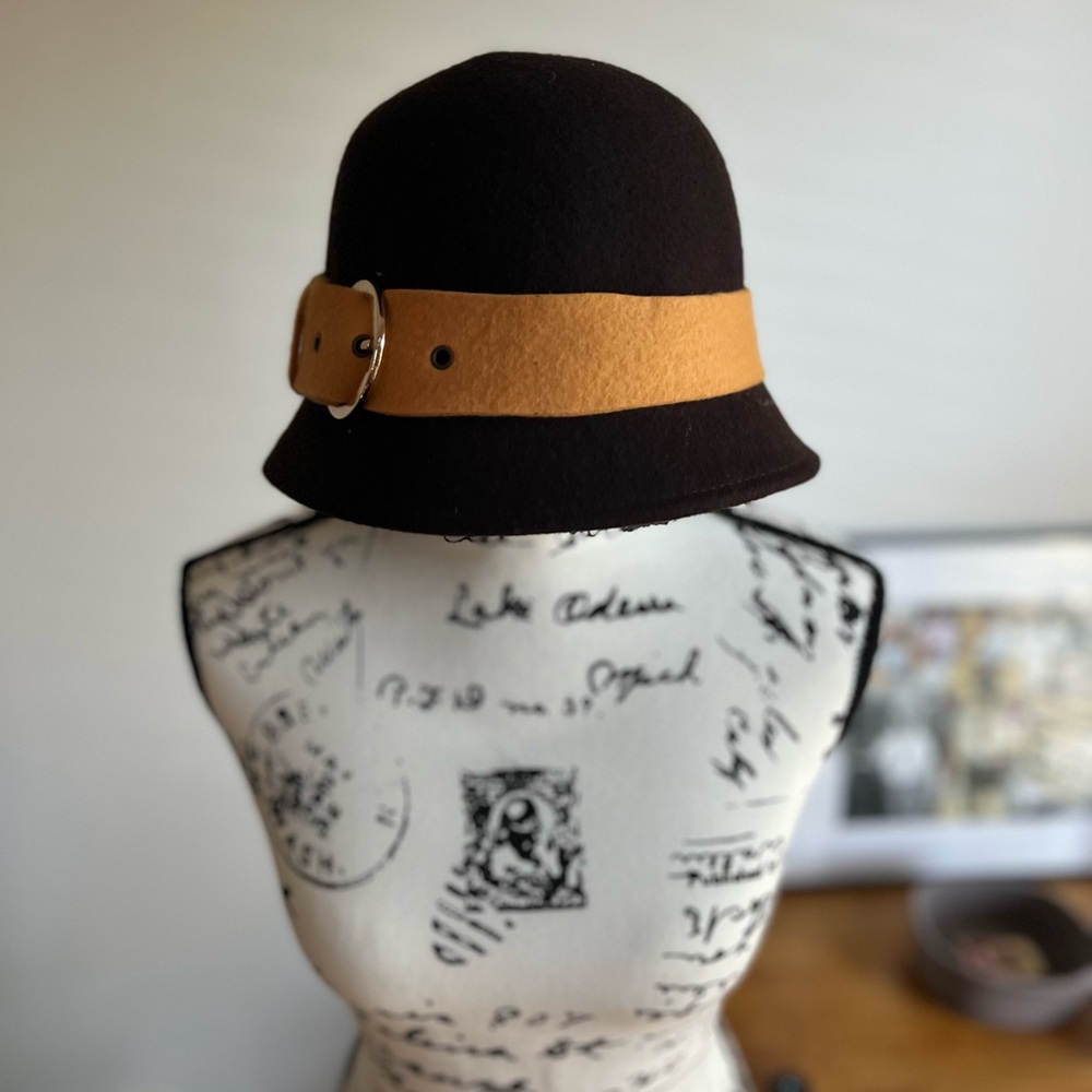 Felt Cloche Hat, Dark Brown with Mustard accent